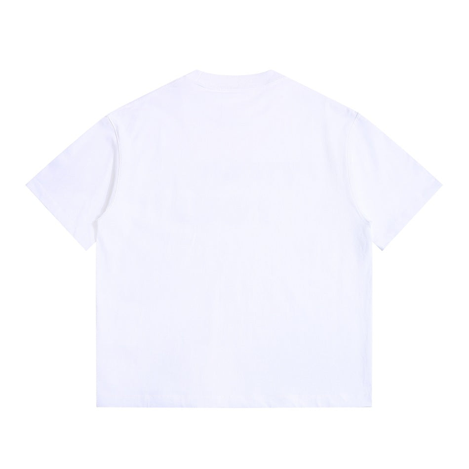 Plain white short-sleeve T-shirt, flat back view with crew neckline and dropped shoulders