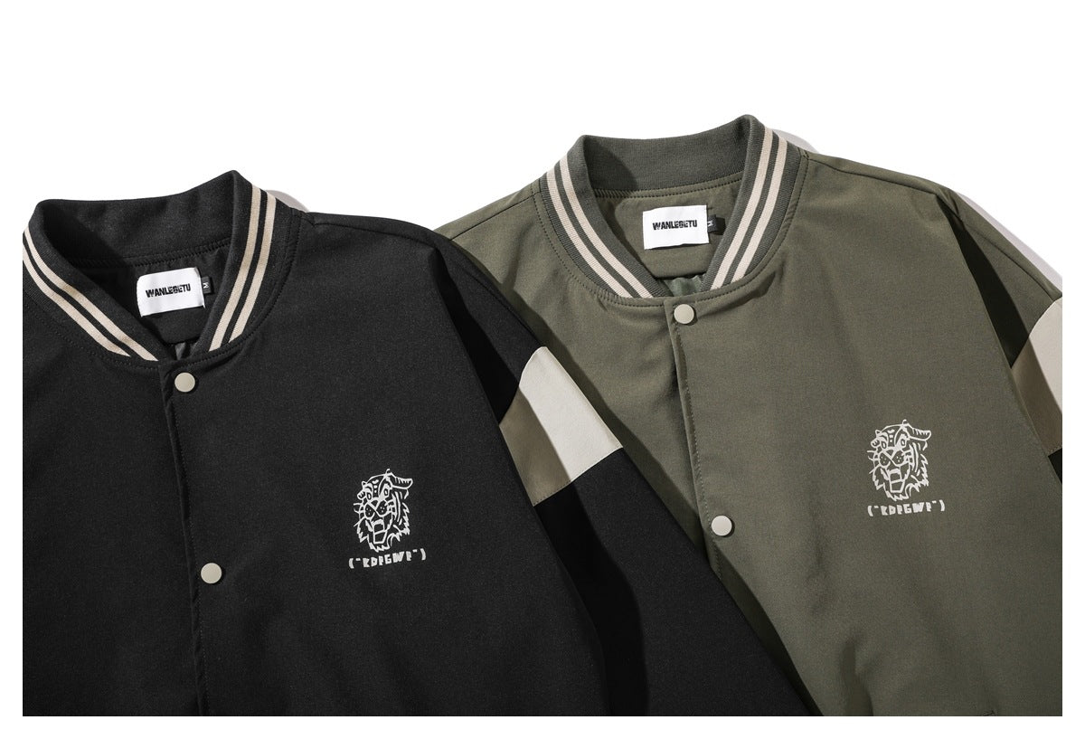 Black and olive varsity jackets with cream sleeve panels, striped collars, snap fronts and matching chest graphics.