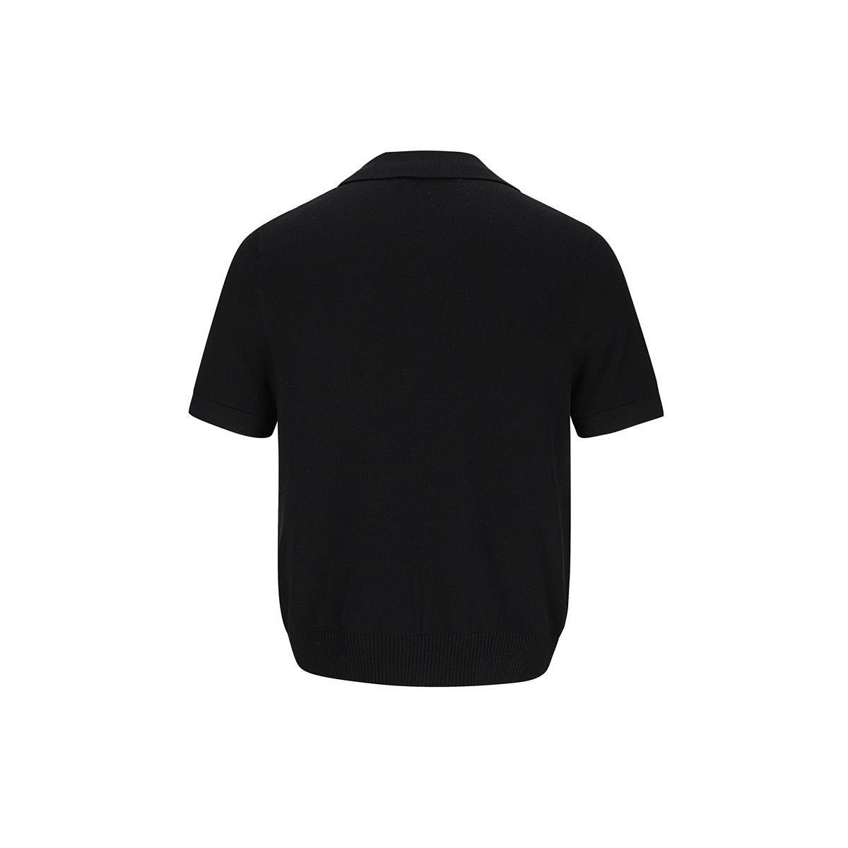 Back view of black short-sleeve knit polo shirt with collar and ribbed hem