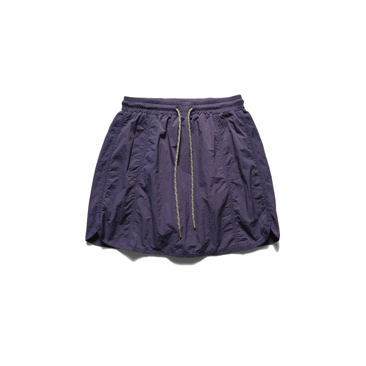 Purple drawstring mini skort laid flat, front view, with elastic waist and curved side hems