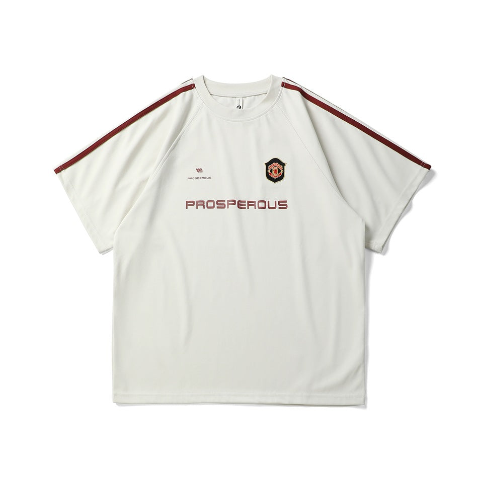 Cream short-sleeve raglan T-shirt with burgundy shoulder stripes, chest crest and burgundy PROSPEROUS print, front view