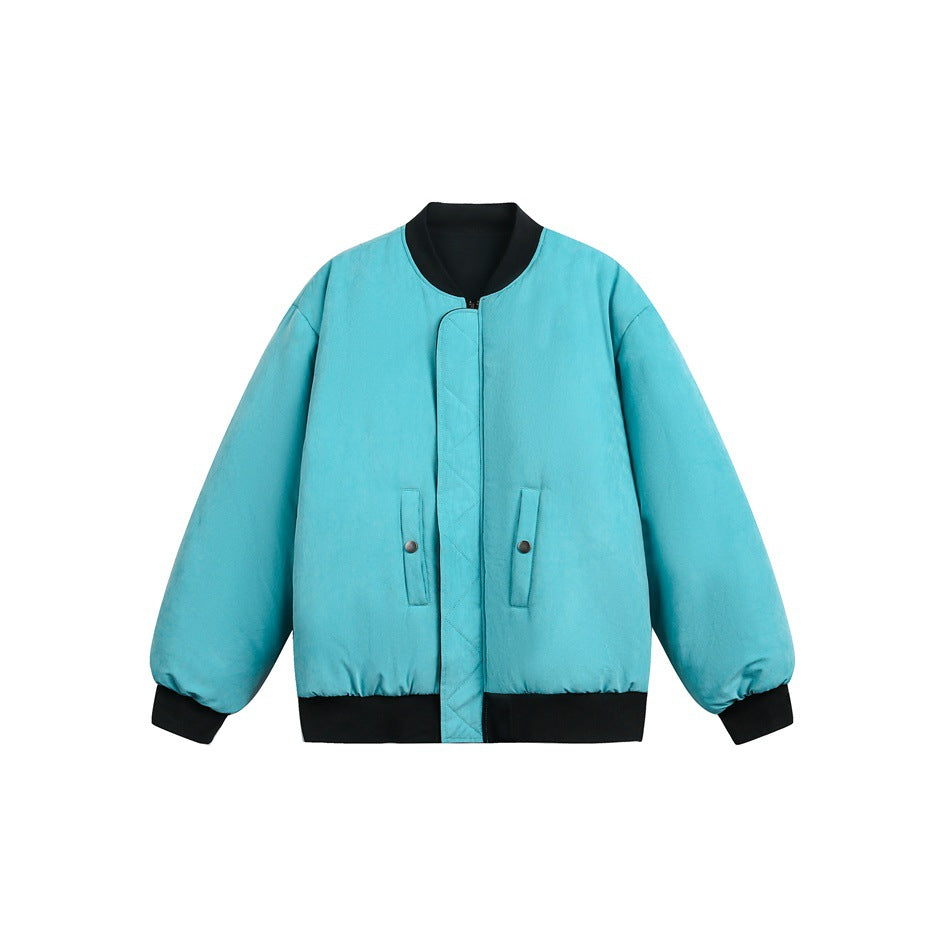 Light blue padded bomber jacket with black ribbed collar, cuffs and hem, flat lay front view