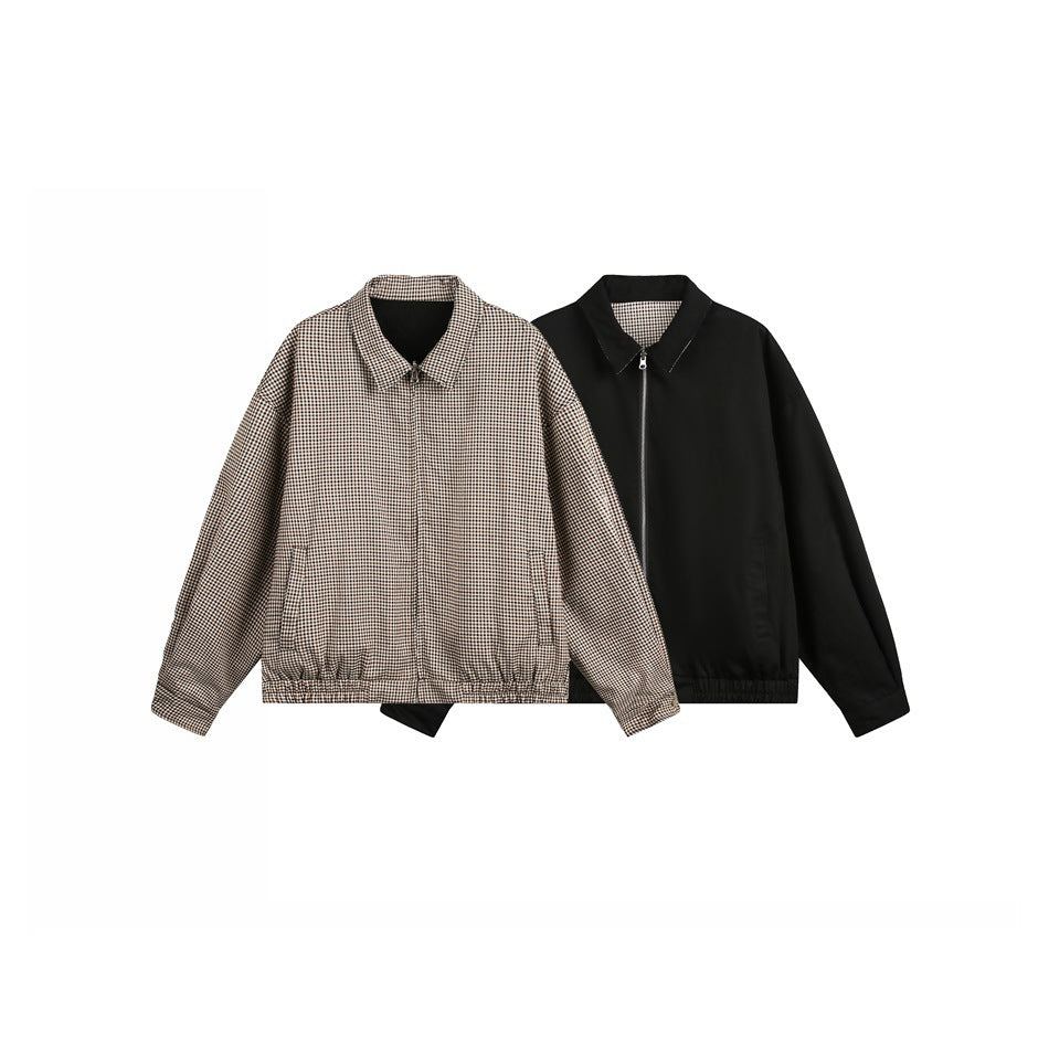 Reversible zip jacket shown with the brown houndstooth check side and the black side next to each other