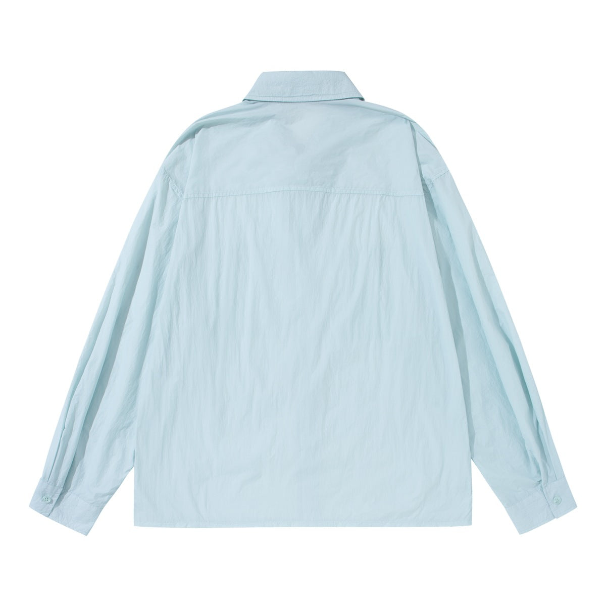 Full back view of a pale aqua long-sleeve button-up shirt with a yoke seam and button cuffs.