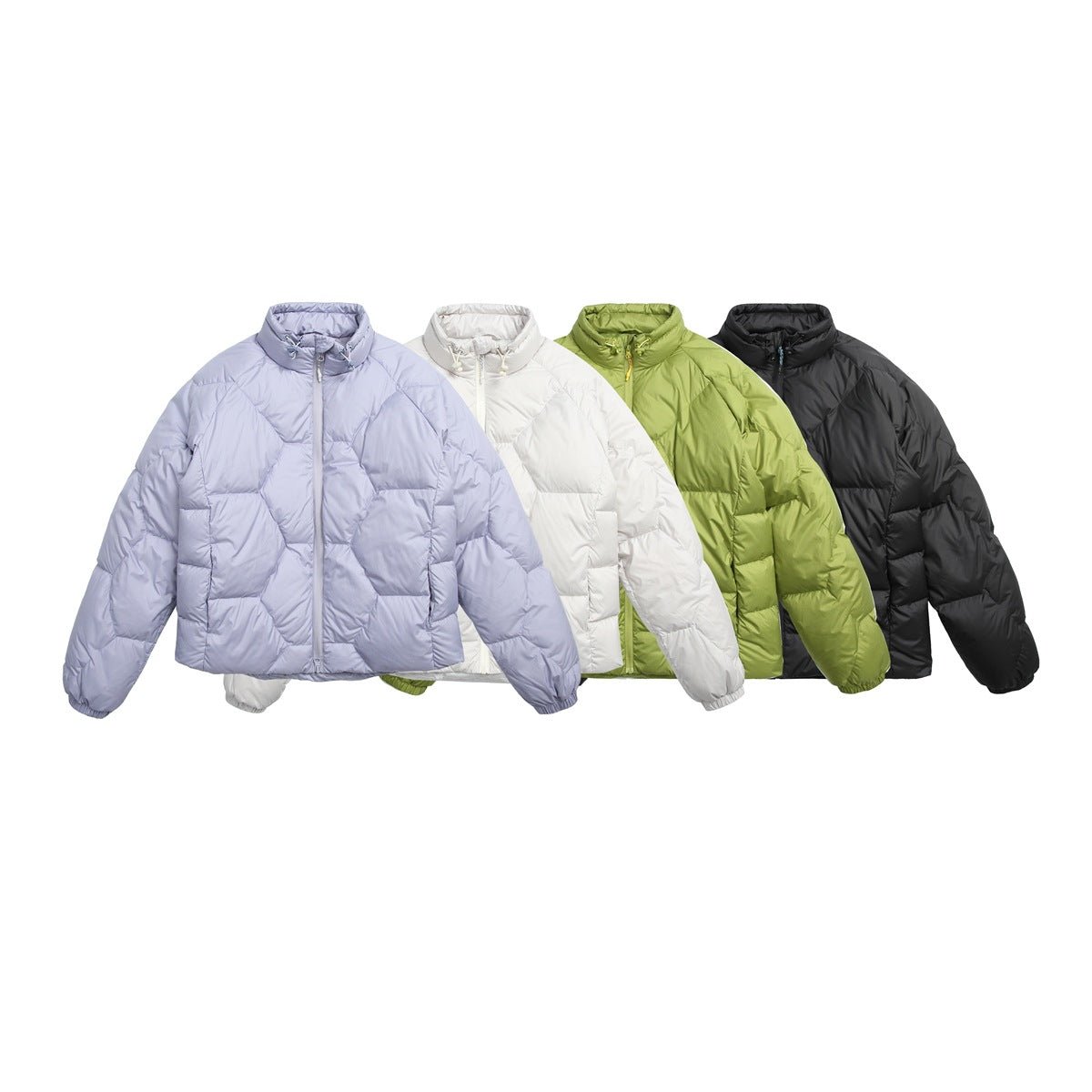 Four quilted zip jackets shown together in lavender, white, lime green, and black.