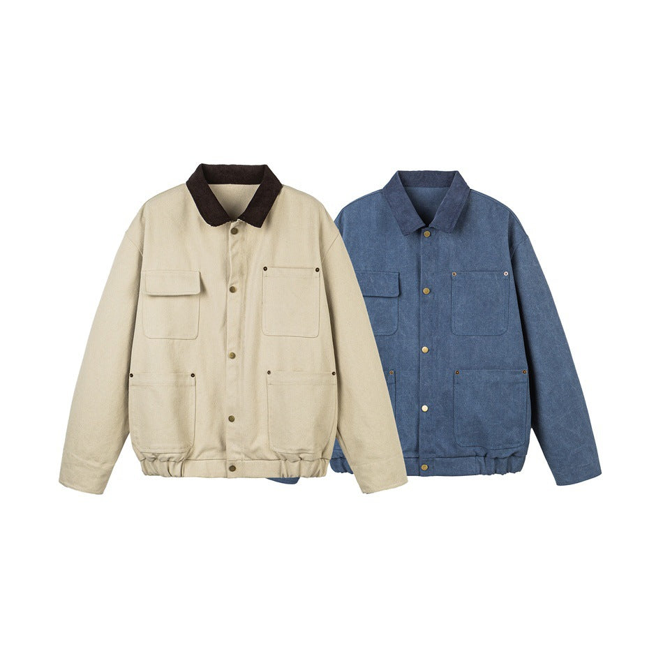 Two four-pocket work jackets shown side by side in cream with a dark collar and blue.