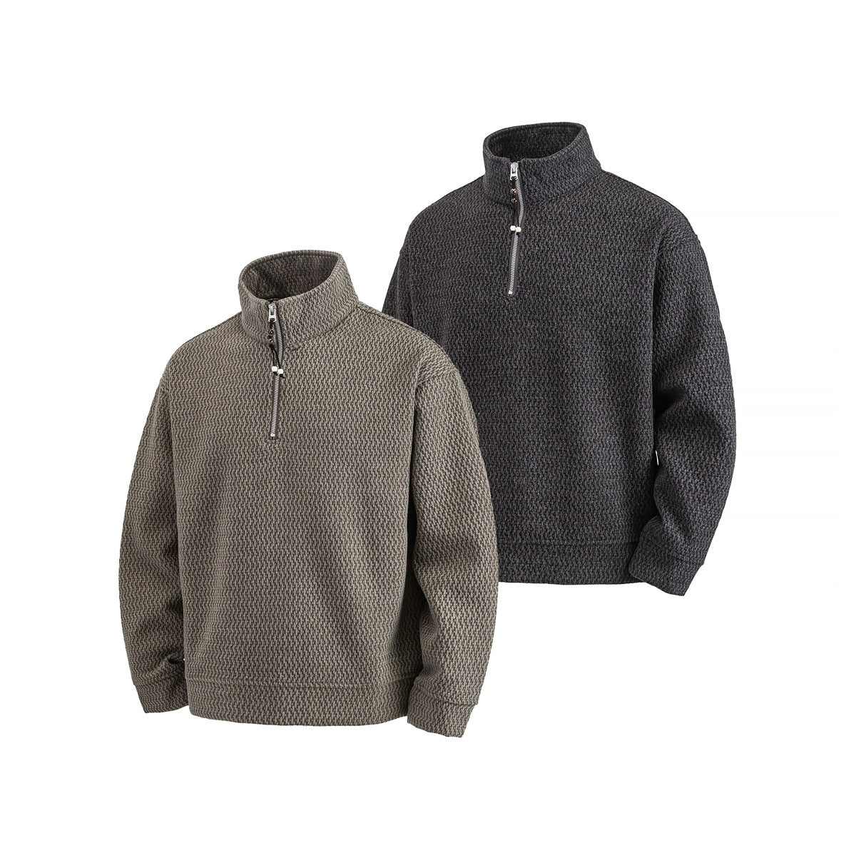 Two textured quarter-zip pullovers displayed front-facing in taupe-gray and charcoal, with high stand collars.