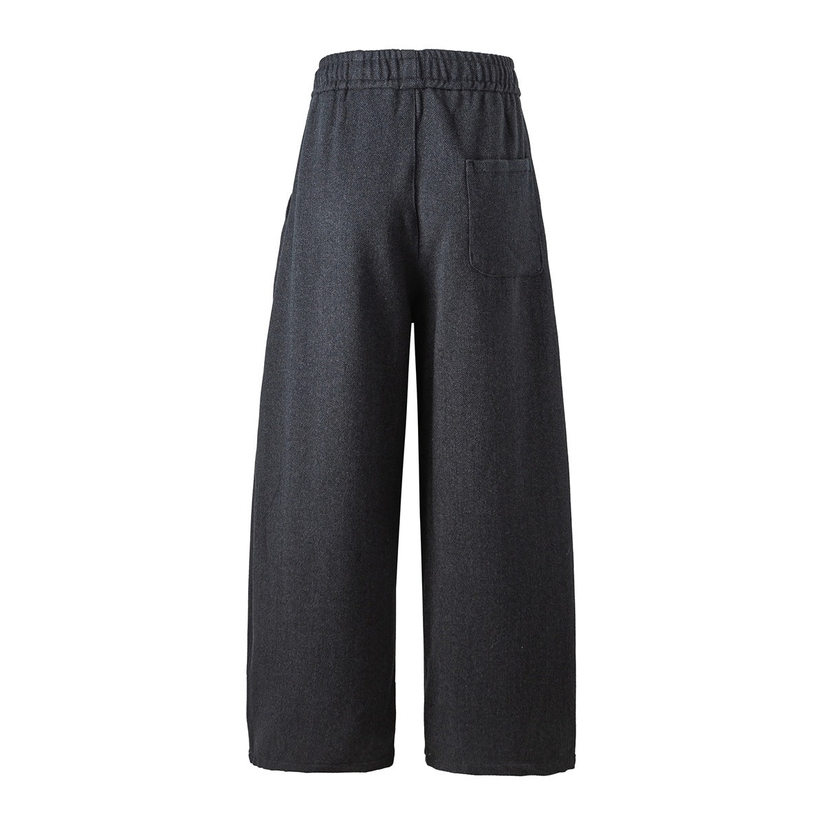 Back view of charcoal wide-leg pants with an elastic waistband and a patch pocket.
