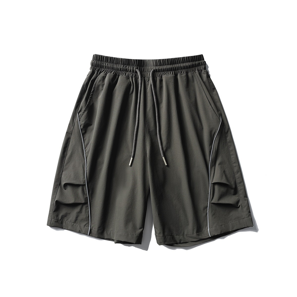 Dark gray knee-length shorts, front flat lay, with drawstring waist, side pleats and light piping