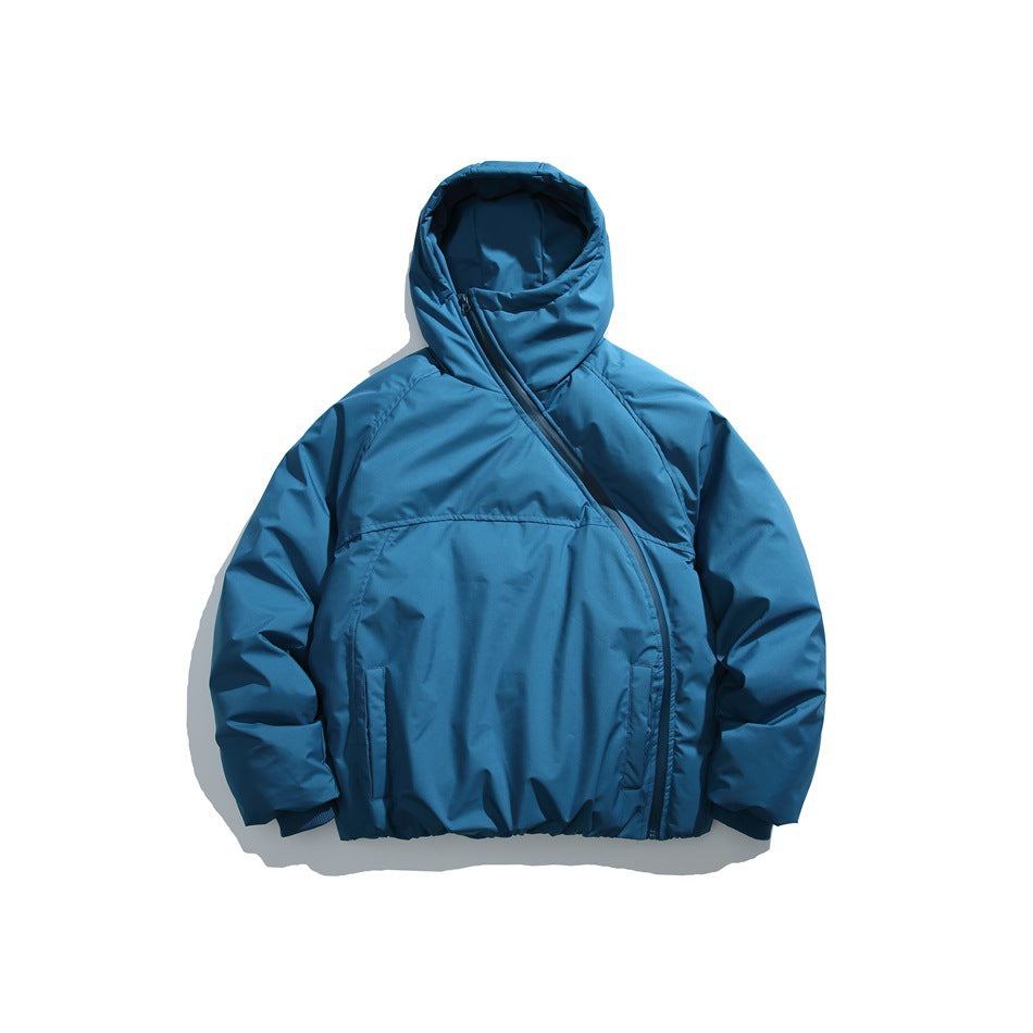 Blue hooded padded jacket with diagonal front zipper, flat lay on white background