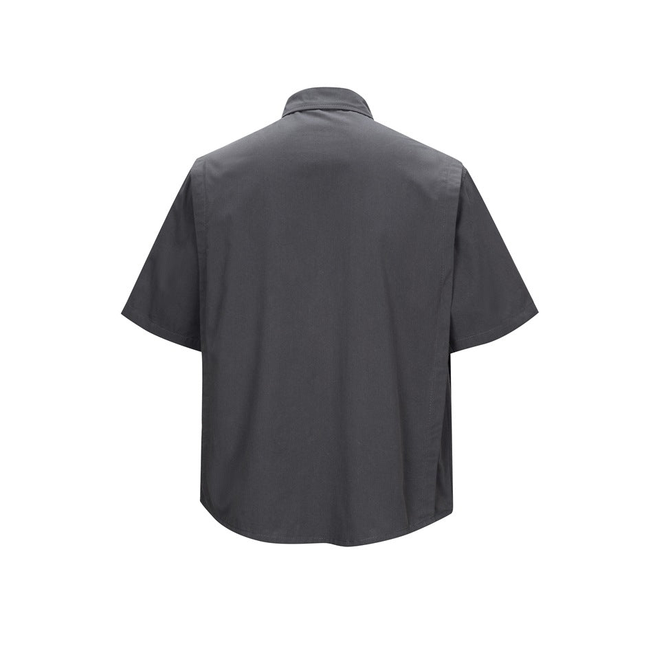Back view of a gray short-sleeve shirt with plain back and pointed collar