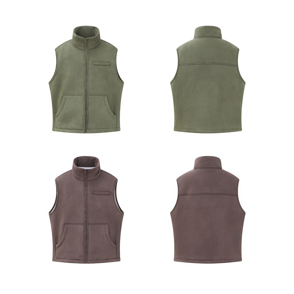 Front and back flat views of army green and brown zip vests with stand collars and front pockets