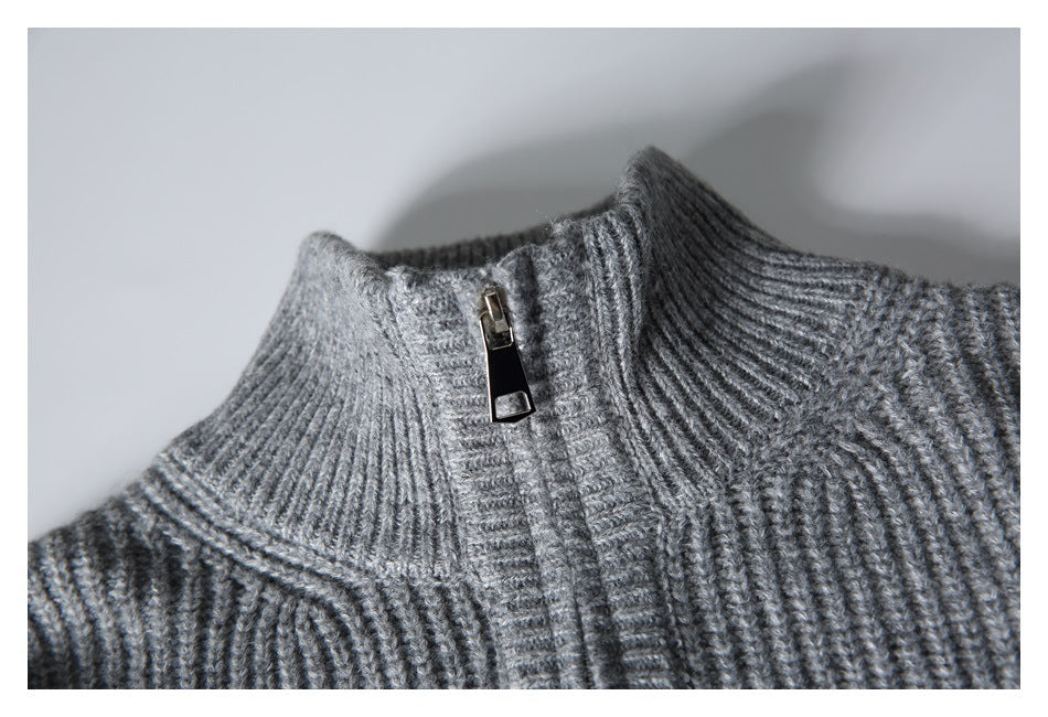 Close-up of a gray rib-knit sweater collar with a short metal zipper.