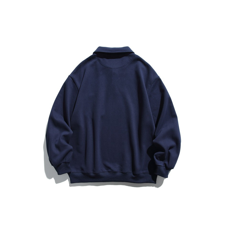 Back view of navy polo-collar sweatshirt with drop shoulders and ribbed hem and cuffs