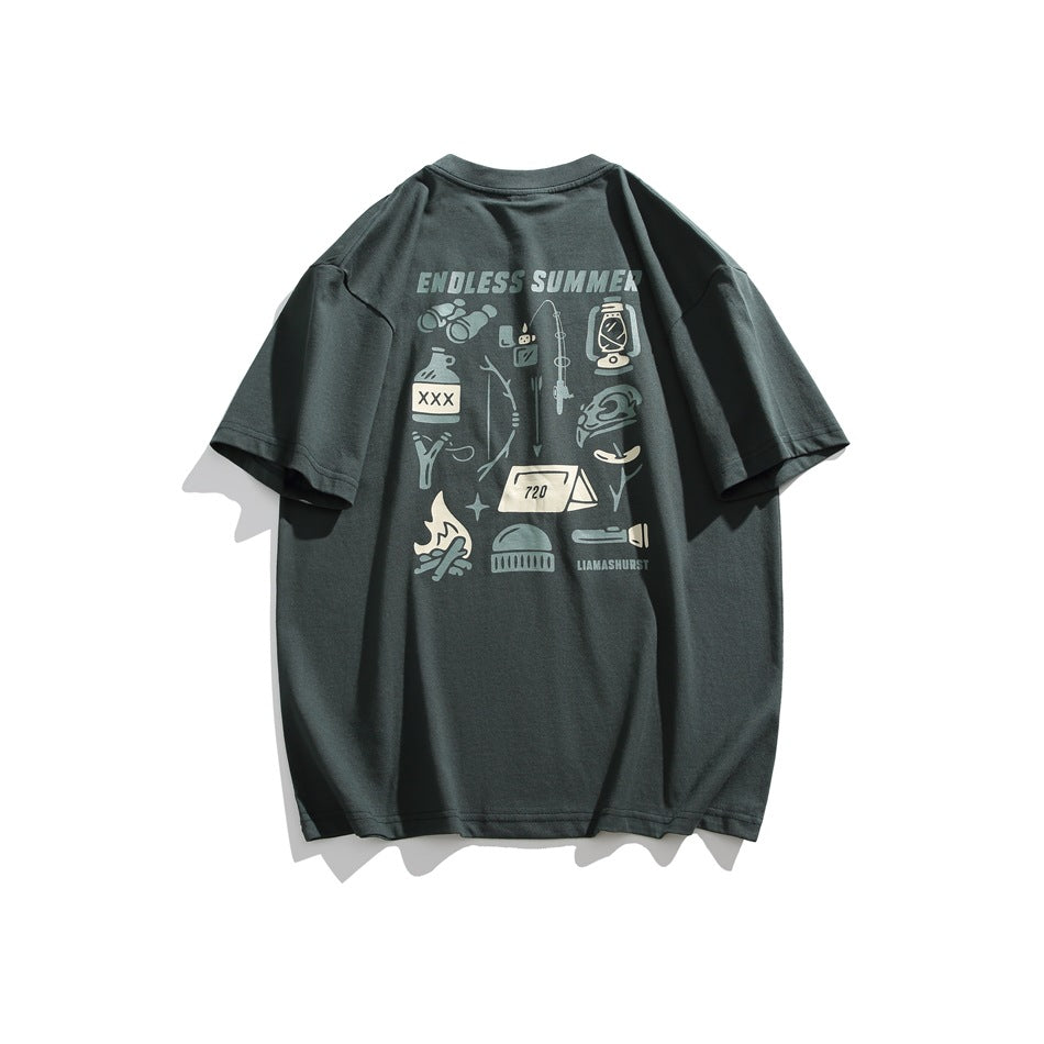 Dark green short-sleeve T-shirt flat lay showing back print of camping icons under 'ENDLESS SUMMER' text