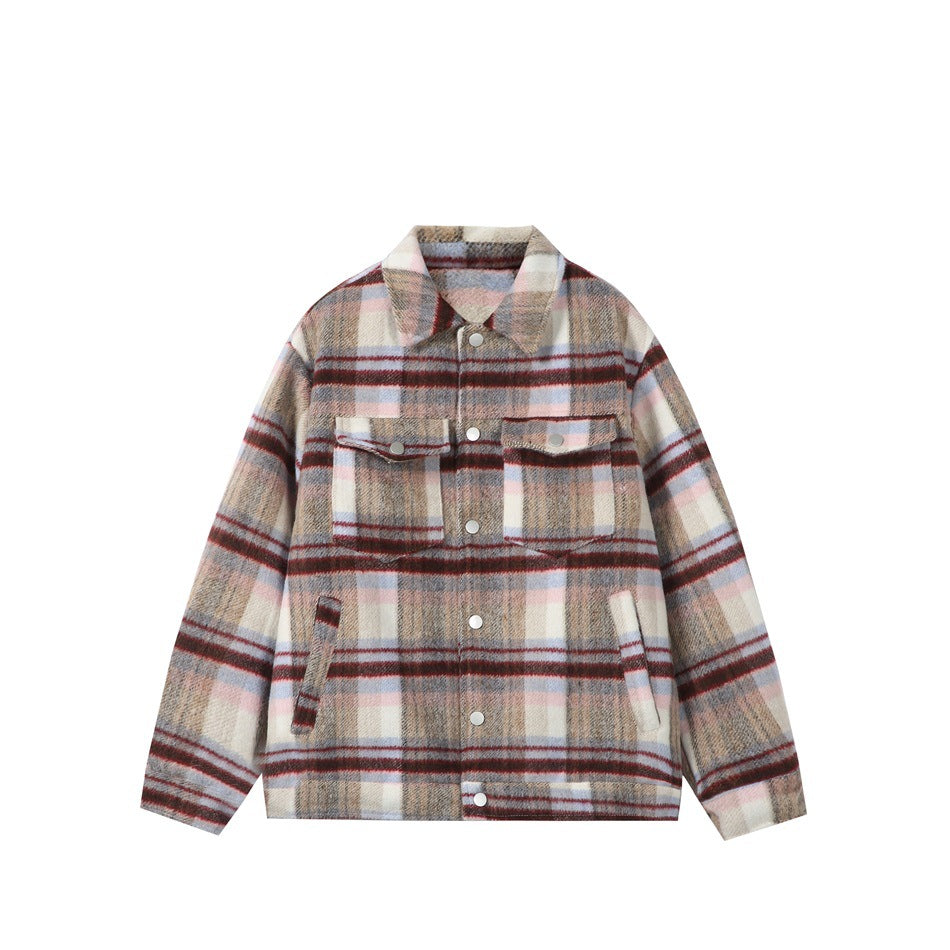 Red plaid collared jacket with snap buttons and chest flap pockets, flat front view