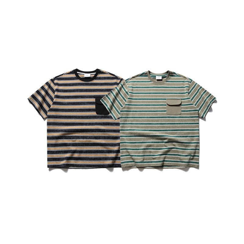 Two short-sleeve striped T-shirts shown from the front: one black and tan, the other khaki and green.