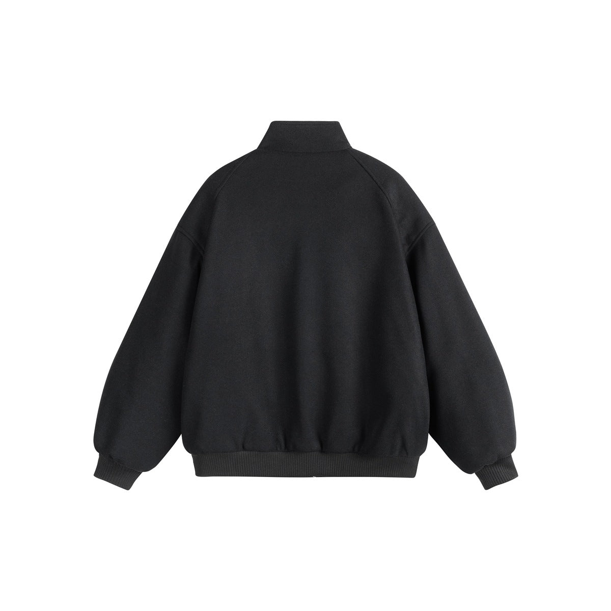 Back view of a black zip-front jacket with a stand collar, raglan sleeves, and ribbed cuffs and hem.