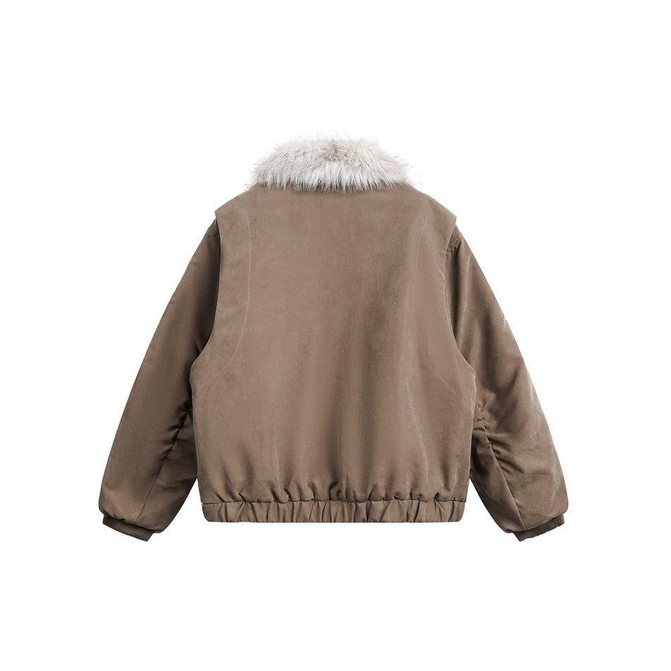 Back view of a taupe cropped jacket with a cream faux-fur collar and gathered hem.