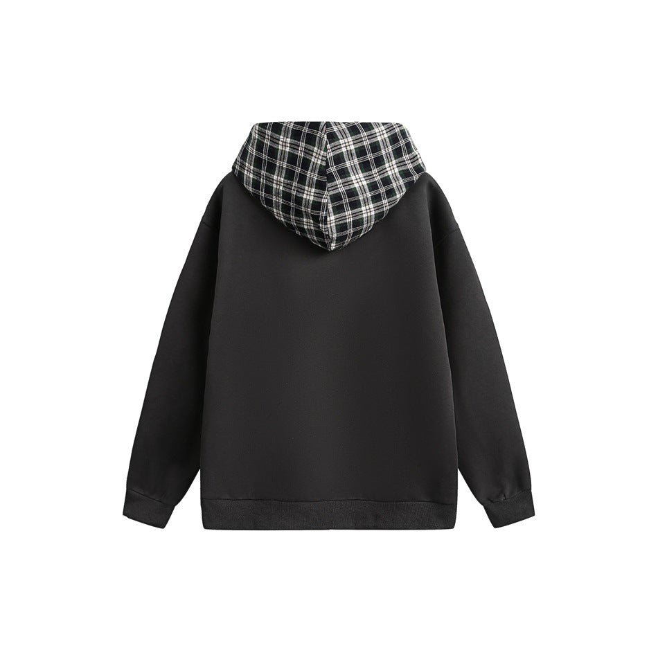 Back view of a charcoal hoodie with a black-and-white plaid hood and ribbed cuffs and hem.
