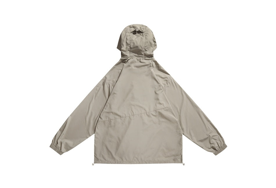 Back view of a taupe hooded jacket with long sleeves and elastic cuffs, laid flat on white.