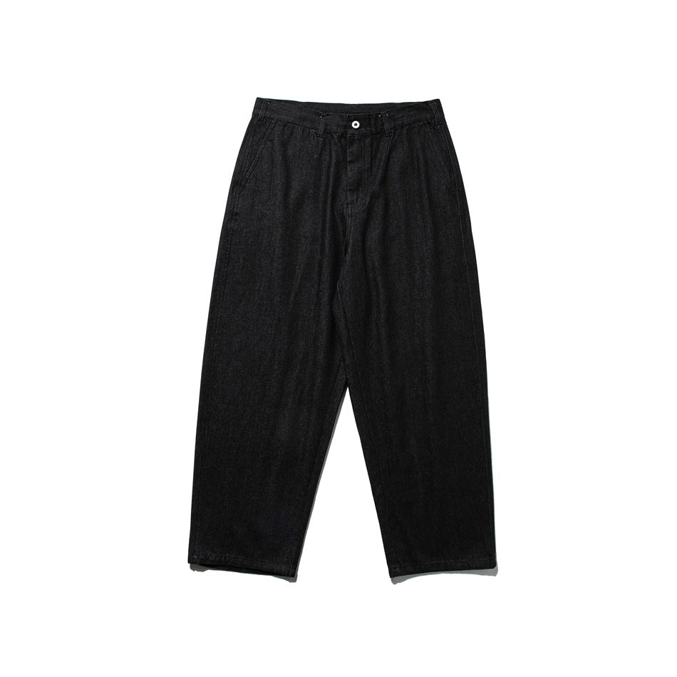 Black washed denim wide-leg jeans flat lay, front view with button closure and belt loops