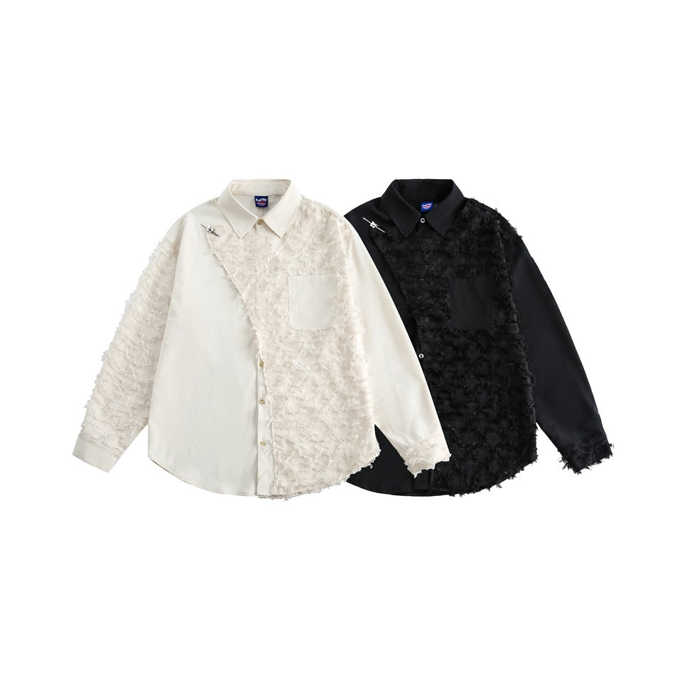 Ivory and black collared button-up shirts displayed together, each with shaggy textured panels and a chest pocket.