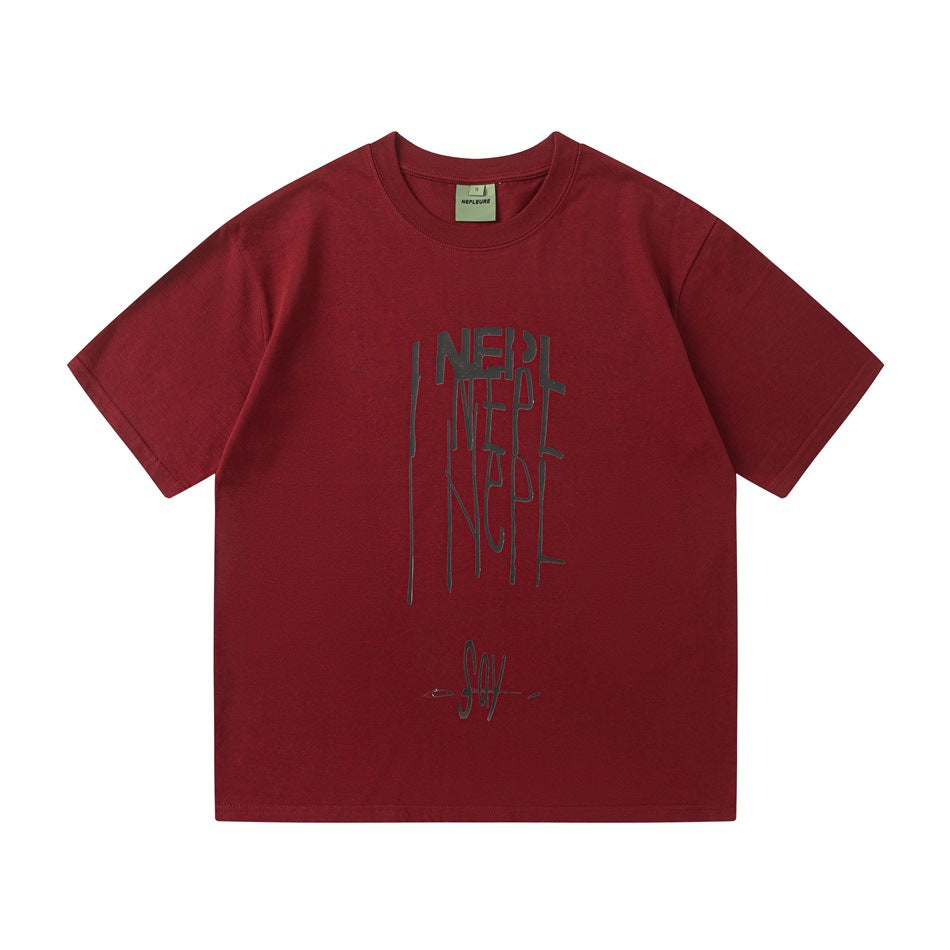 Burgundy short-sleeve crew-neck T-shirt with dark gray drippy stacked lettering print on the front