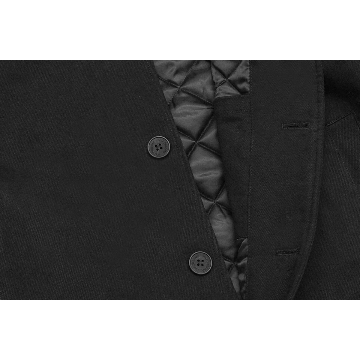 Close-up of a black coat’s buttoned front, showing quilted lining beneath the lapel.