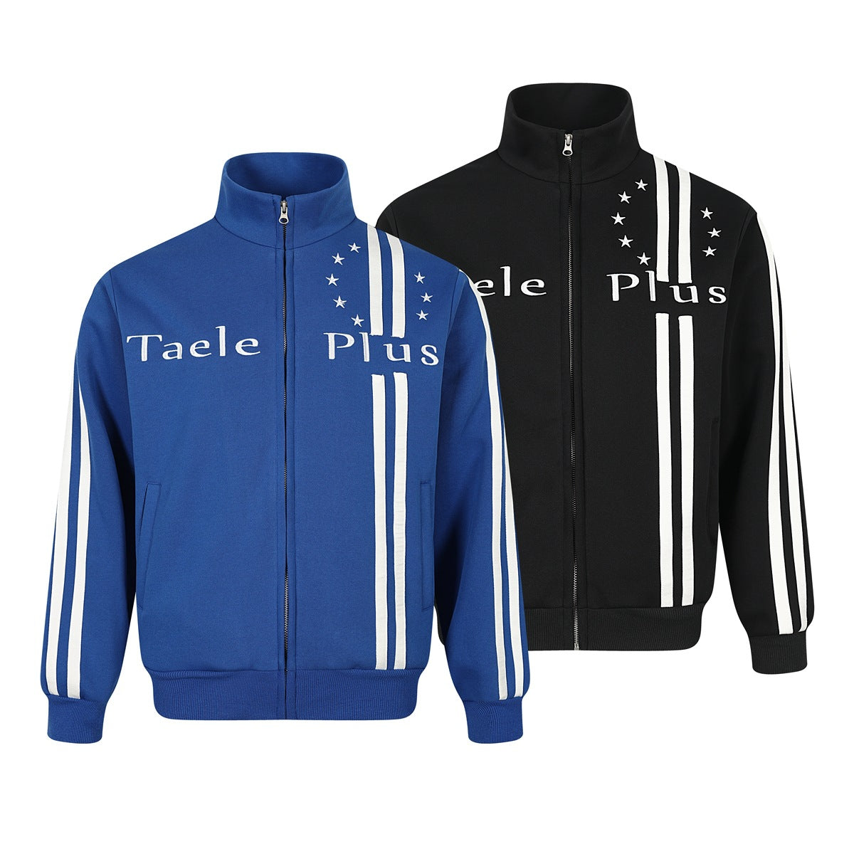 Blue and black zip-up track jackets displayed side by side, with white stripes, stars, and lettering.