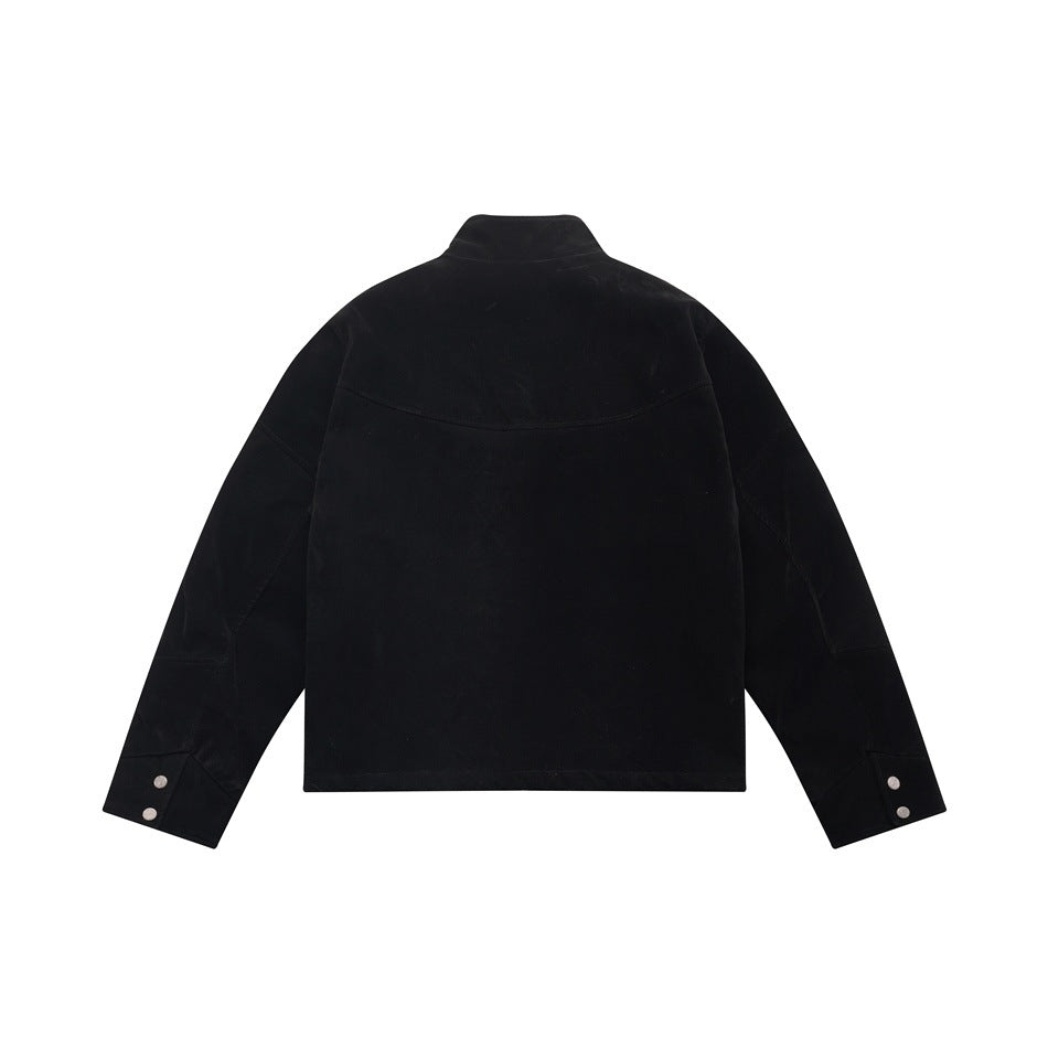 Back view of a black jacket with a stand collar, curved yoke seam, and snap-button cuffs.