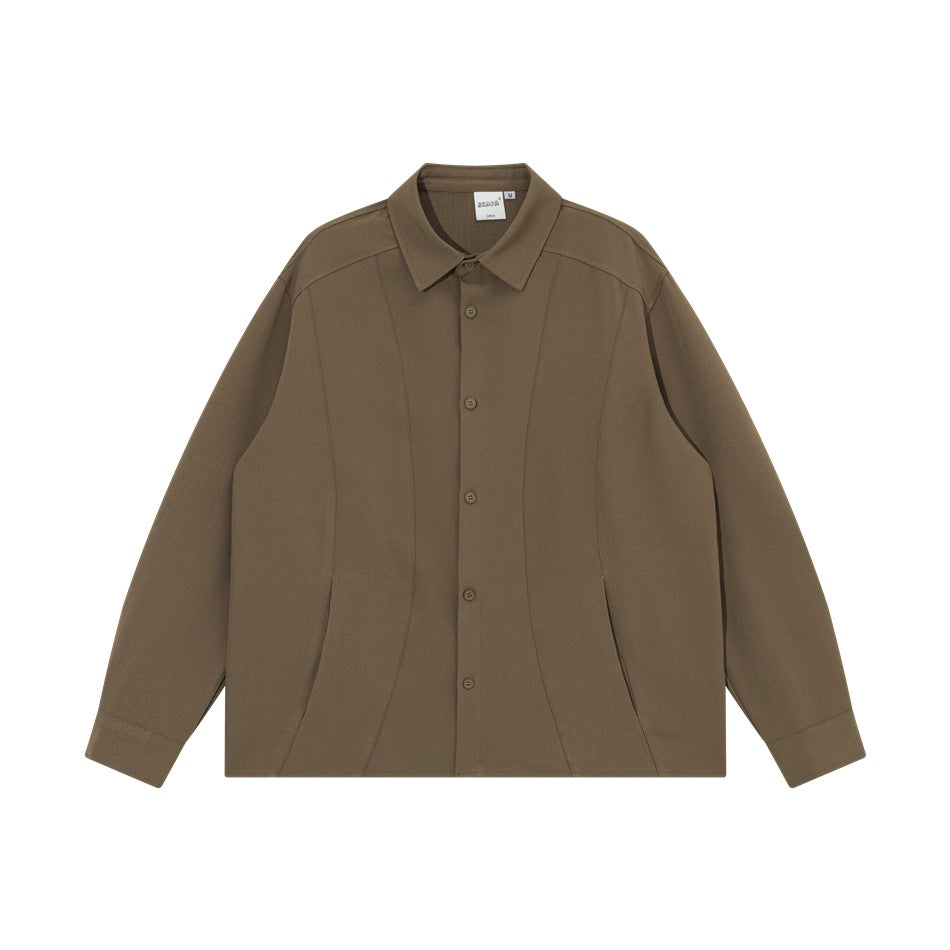Khaki brown long-sleeve button-front shirt with pointed collar and curved panel seams, flat lay front view