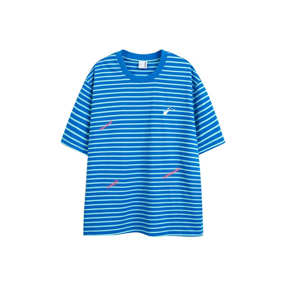 Blue and light aqua striped short-sleeve crew-neck T-shirt, front flat view with small white chest graphic and pink script