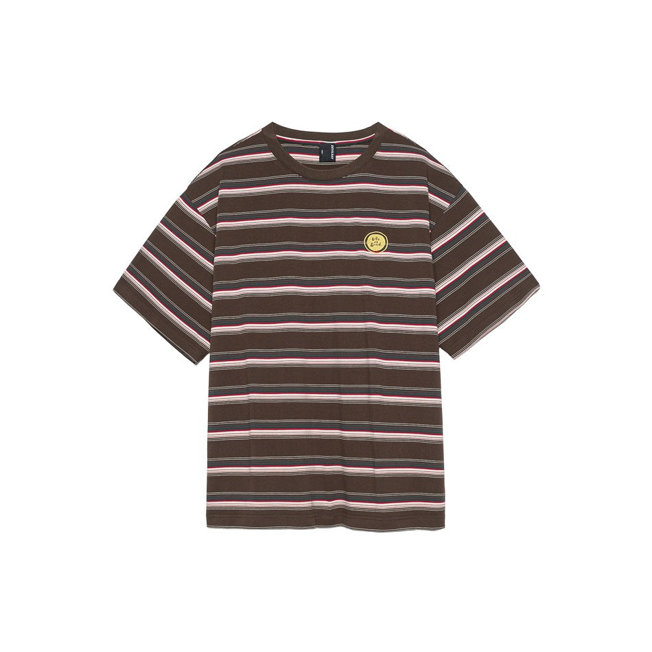 Brown multicolor striped short-sleeve crew-neck T-shirt with a small yellow smiley patch on the chest, flat front view