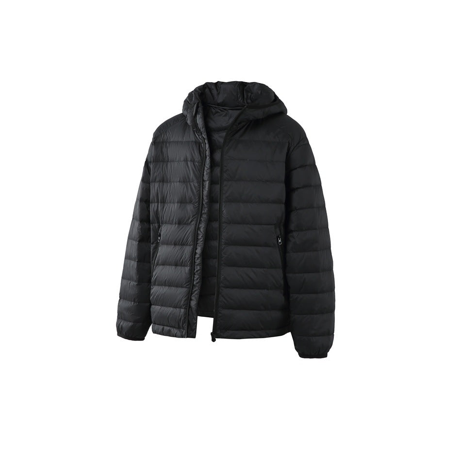 Black hooded puffer jacket shown from the front, with horizontal quilting, a front zipper and zip pockets.