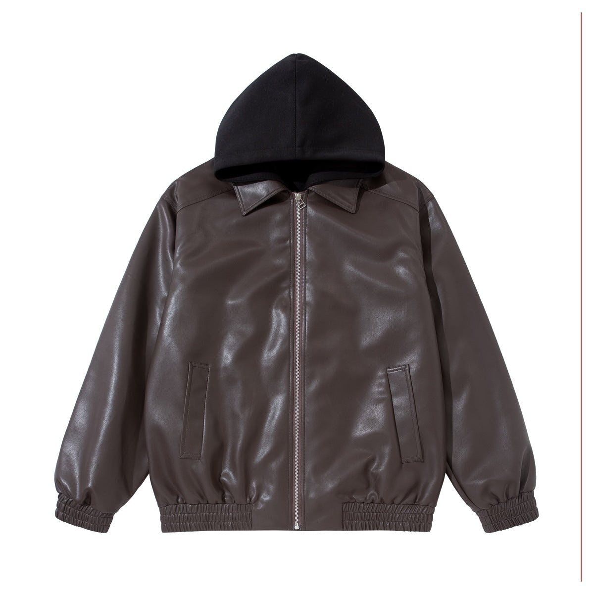 Brown faux-leather zip jacket with pointed collar, black jersey hood, slanted pockets and elastic hem, flat lay front view