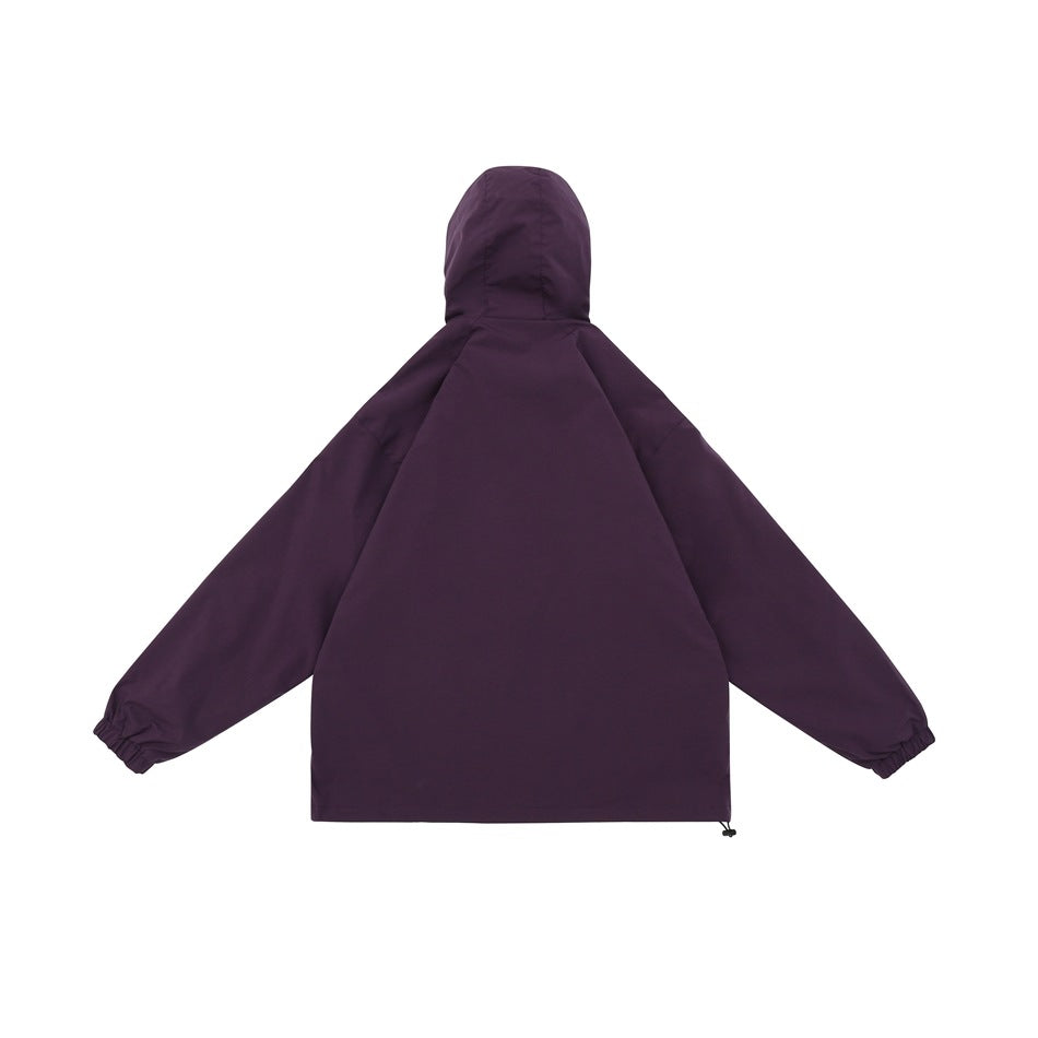 Back view of a deep-purple hooded jacket with long sleeves and gathered cuffs.