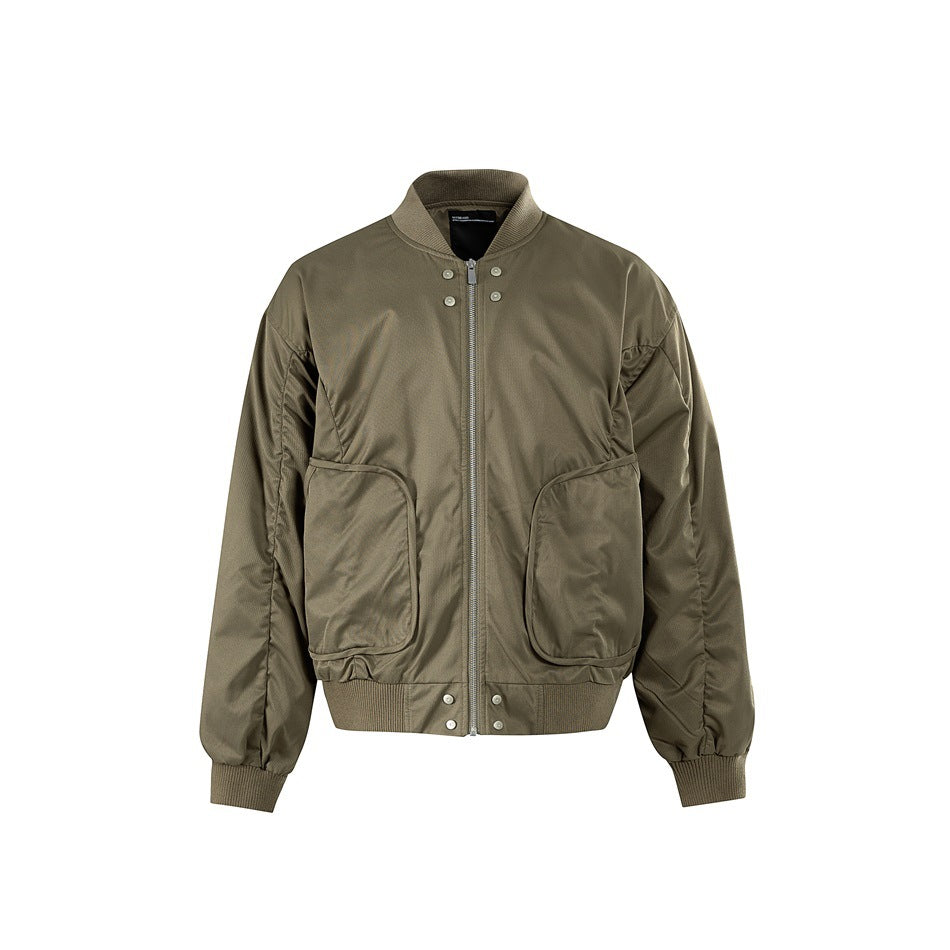 Khaki green bomber jacket front view with zip, snap studs, ribbed trim, ruched sleeves and large patch pockets
