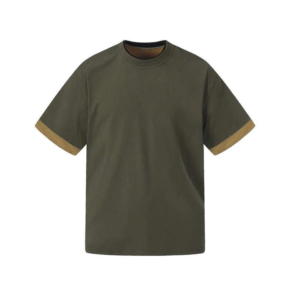 Army green short-sleeve crew-neck T-shirt with tan contrast cuffs and inner neckline, flat front view
