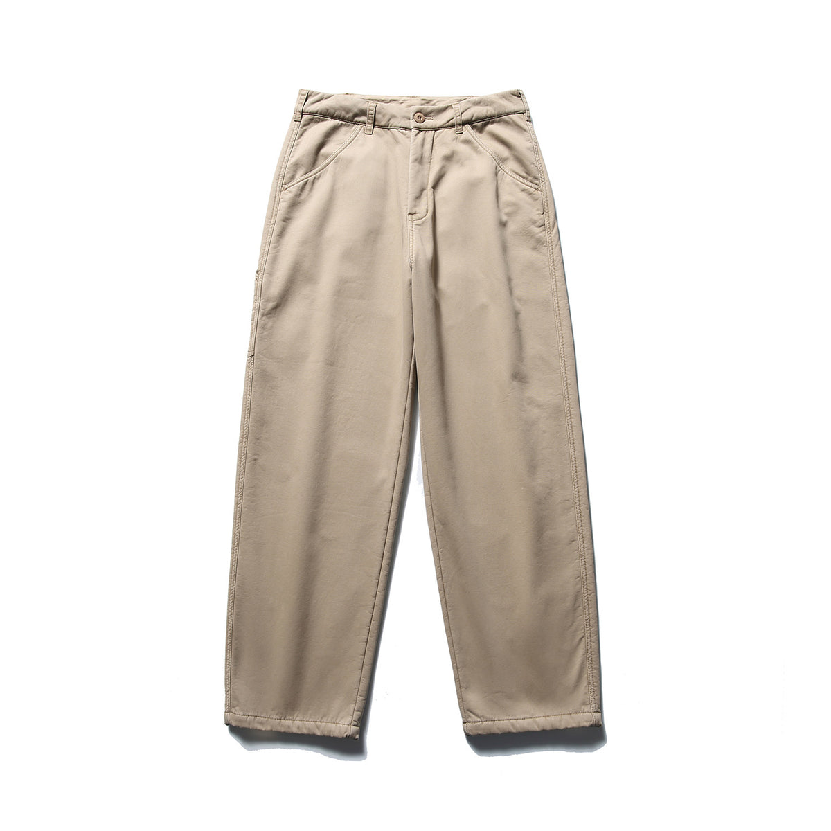 Khaki wide-leg work-style pants flat lay, front view with button fly, belt loops and slanted pockets
