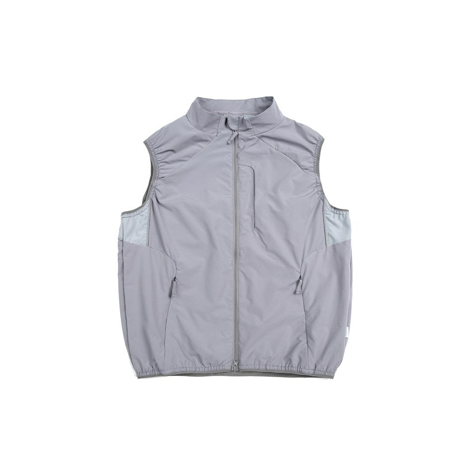 Gray zip-front stand-collar vest with light gray side panels, front view on white background