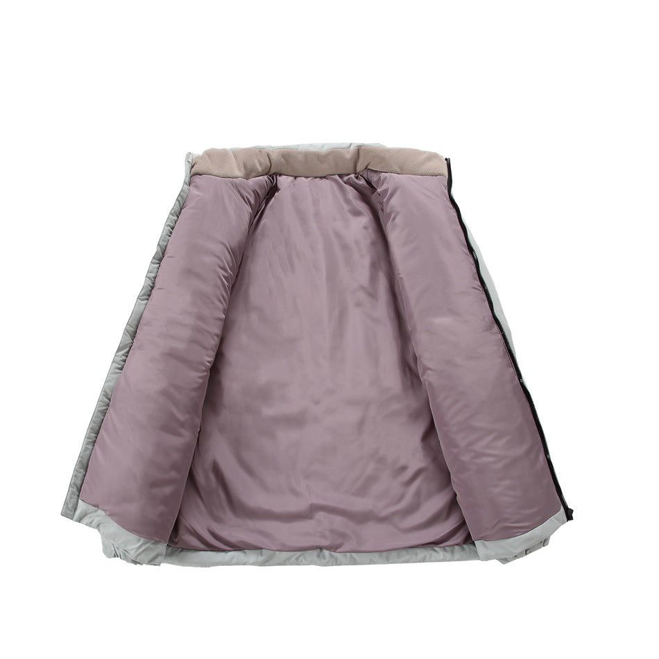 Pale gray jacket opened flat to show its mauve interior lining and taupe collar lining.