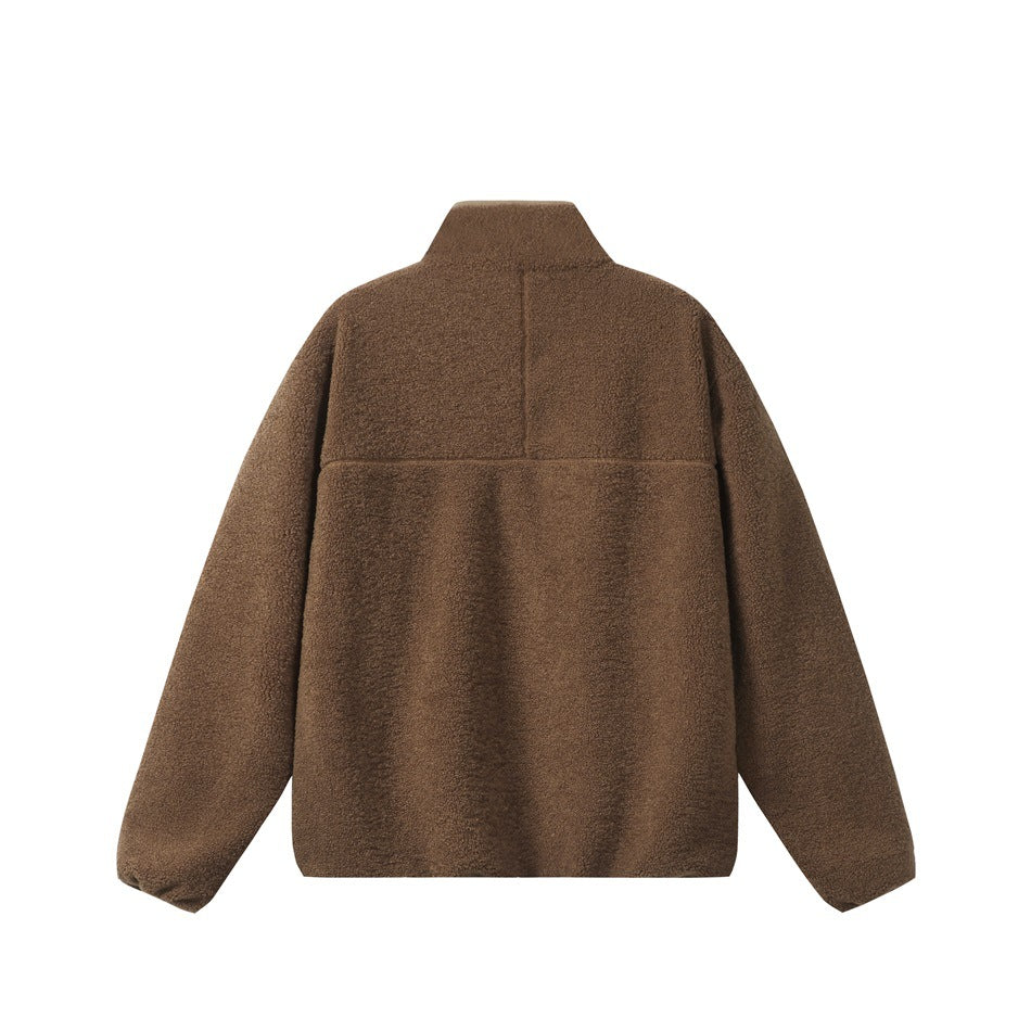 Back view of brown textured fleece-like stand-collar jacket with yoke seam and center back seam