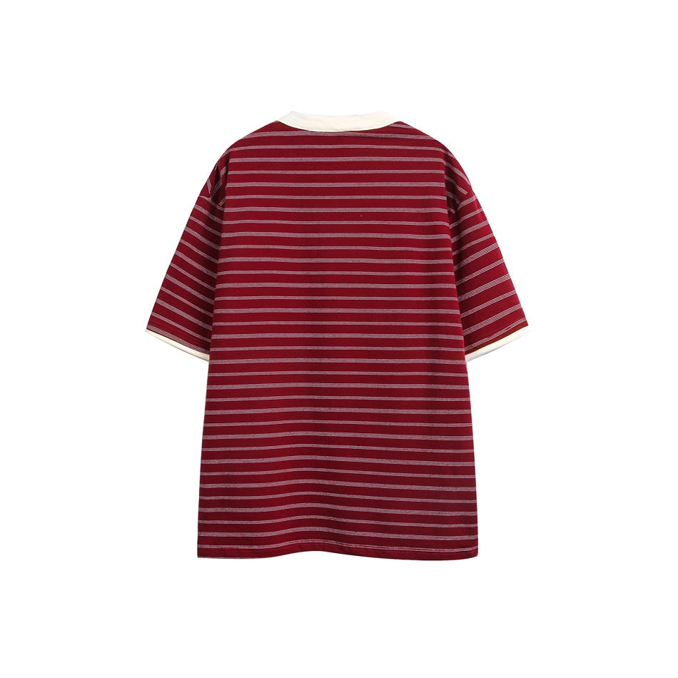 Back view of a burgundy short-sleeve tee with thin horizontal stripes and white collar and sleeve trim.