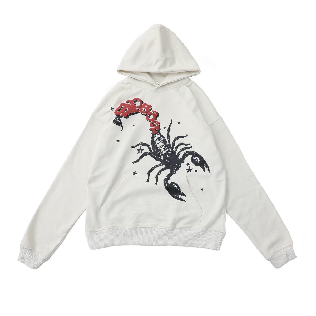 The Sp5der Scorpion Hoodie – White 440GSM Heavyweight Streetwear Pullover features a bold black scorpion graphic with red accents on the front, crafted from premium heavyweight cotton fleece.