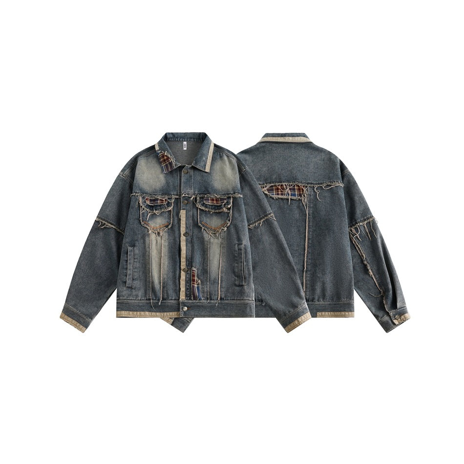 Oversized distressed blue denim jacket shown from the front and back, with frayed plaid-trimmed pockets and patchwork.