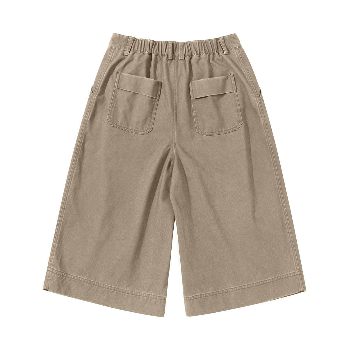 Back view of khaki wide-leg knee-length shorts with elastic waistband and two flap back patch pockets
