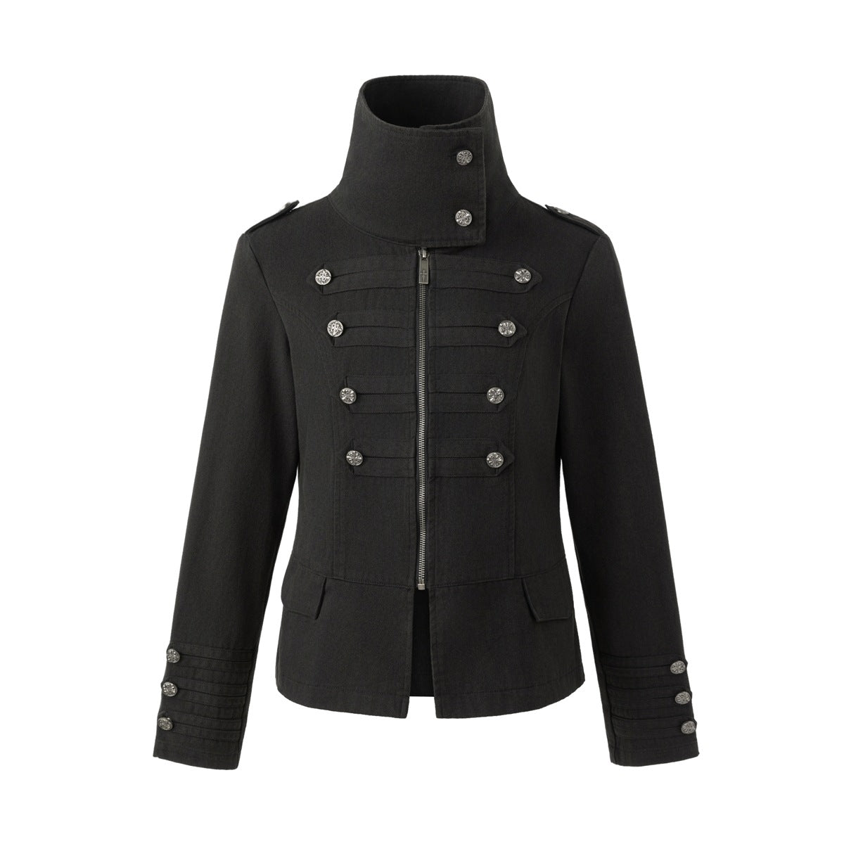 Front view of a black jacket with a tall collar, silver-button trim, front zipper, and buttoned cuffs.