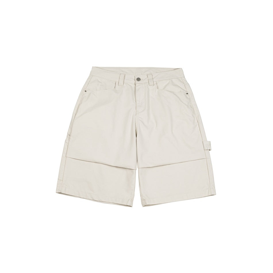 Khaki knee-length carpenter shorts, front flat lay, with button fly, slant pockets and side hammer loop