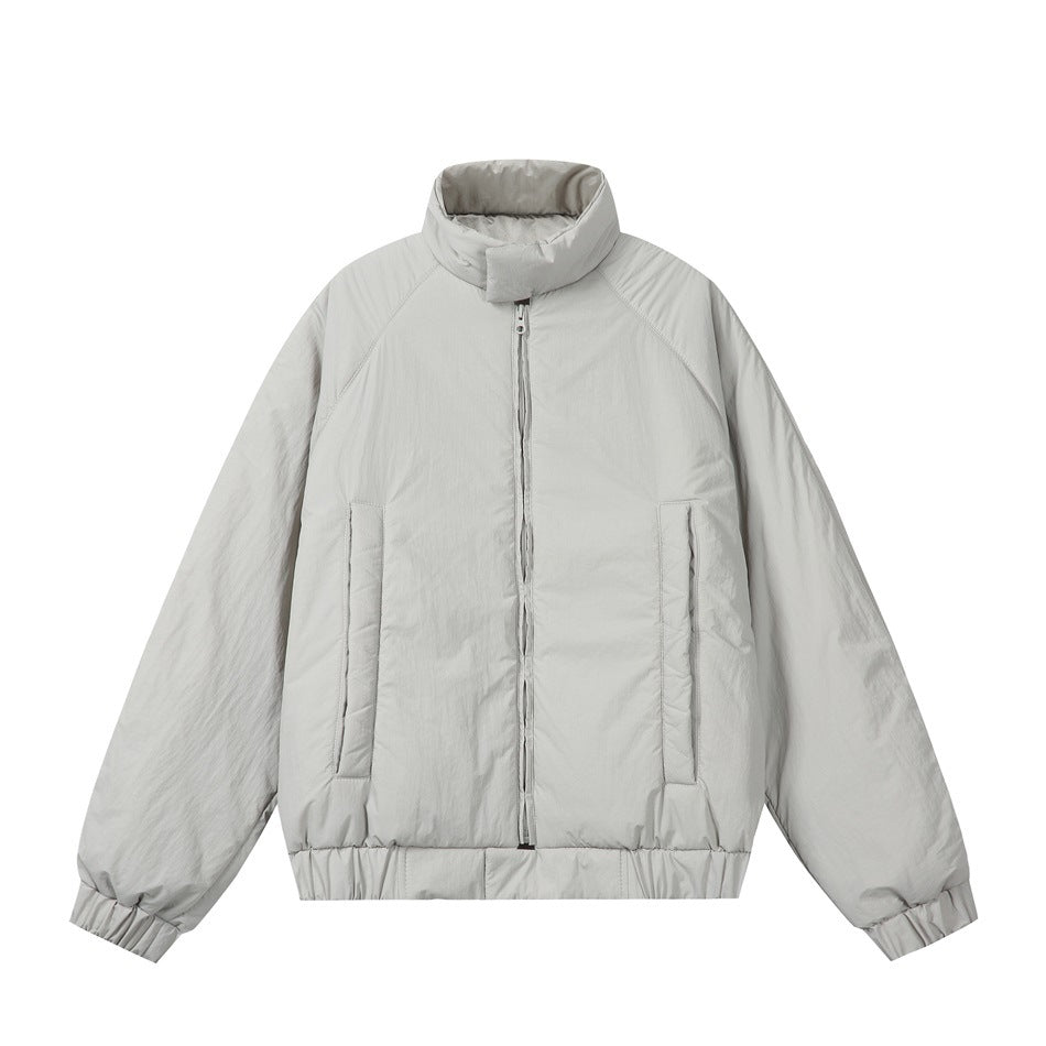 Light gray padded stand-collar zip jacket with raglan sleeves, front pockets and elastic cuffs and hem, front view